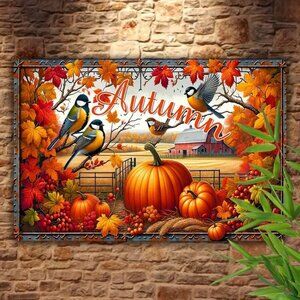Vintage Autumn Harvest Metal Sign - Rustic Fall Farm Birds. 12x8. New in package